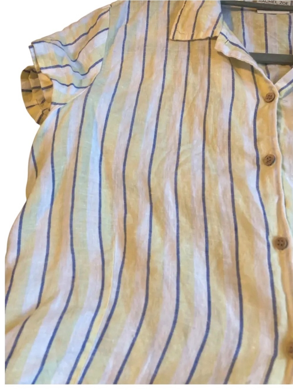 Racheal Zoe Linen Striped Tie Bottom Button Down Blouse. - Picture 2 of 4